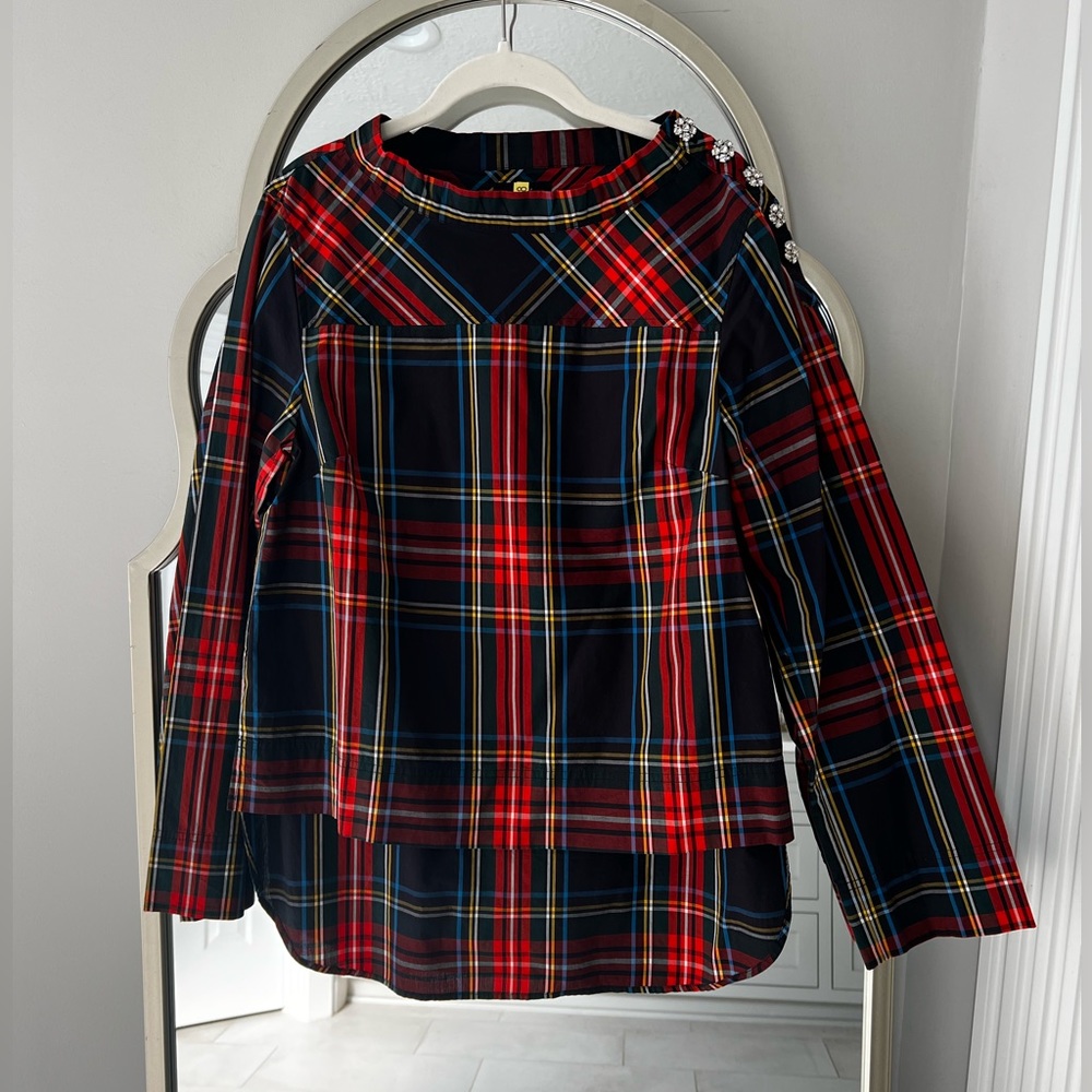 Jcrew Tartan Funnel Neck with Rhinestone Buttons on Shoulder. Small.